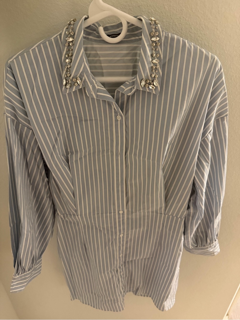 Express Blue & White Striped Button-Up Dress